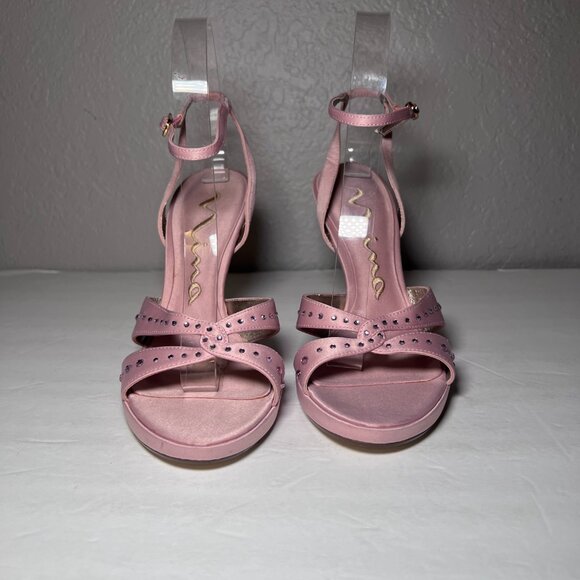 Nina Pink Pearl Rose Satin High Heels Strappy Rhinestone Embellished - Picture 5 of 11